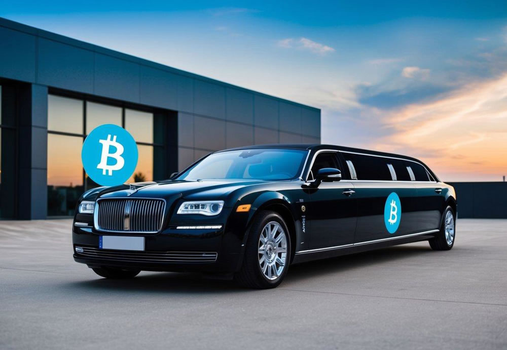 A luxurious limousine parked outside a modern building, with a digital Bitcoin payment logo displayed prominently on the vehicle