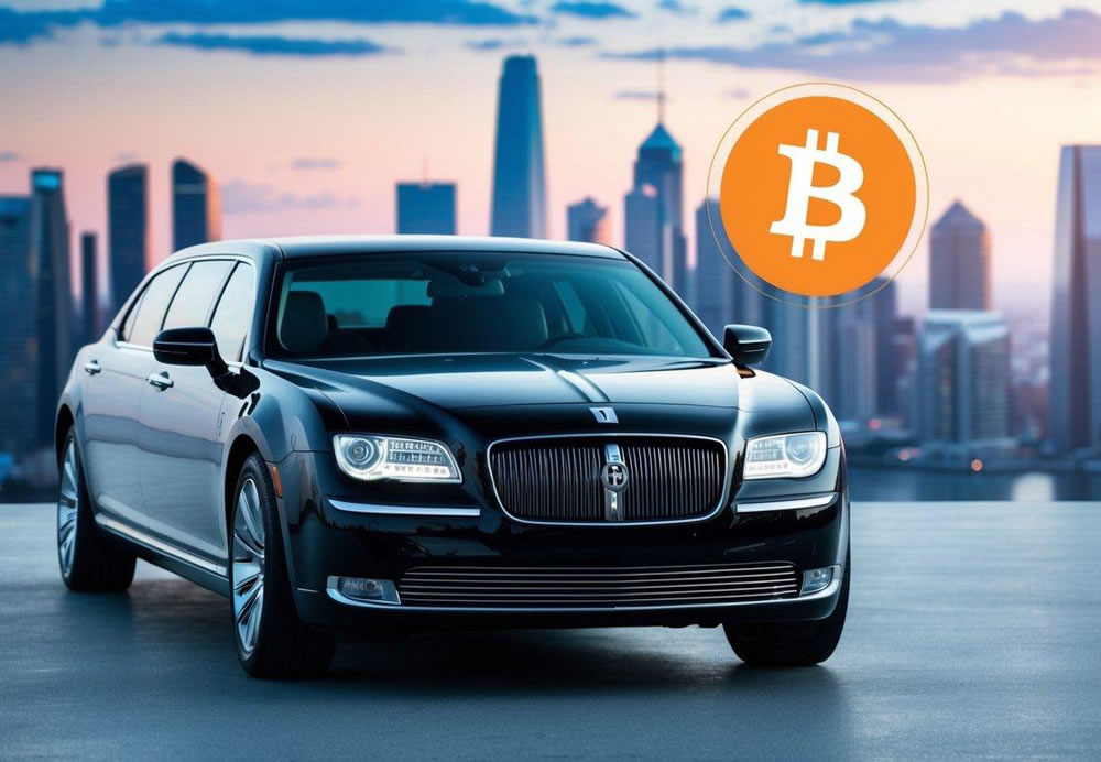 A sleek limousine parked in front of a futuristic city skyline, with a Bitcoin logo displayed prominently on its digital payment interface