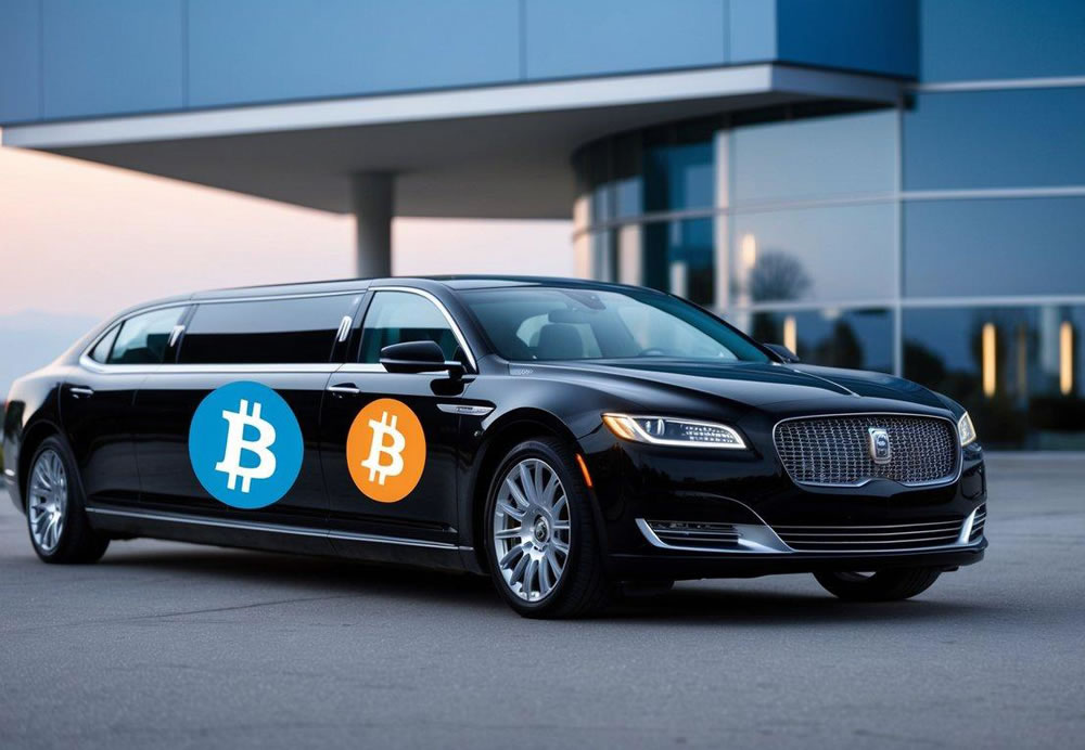A sleek limousine parked outside a futuristic building, with a digital Bitcoin payment logo displayed on its side