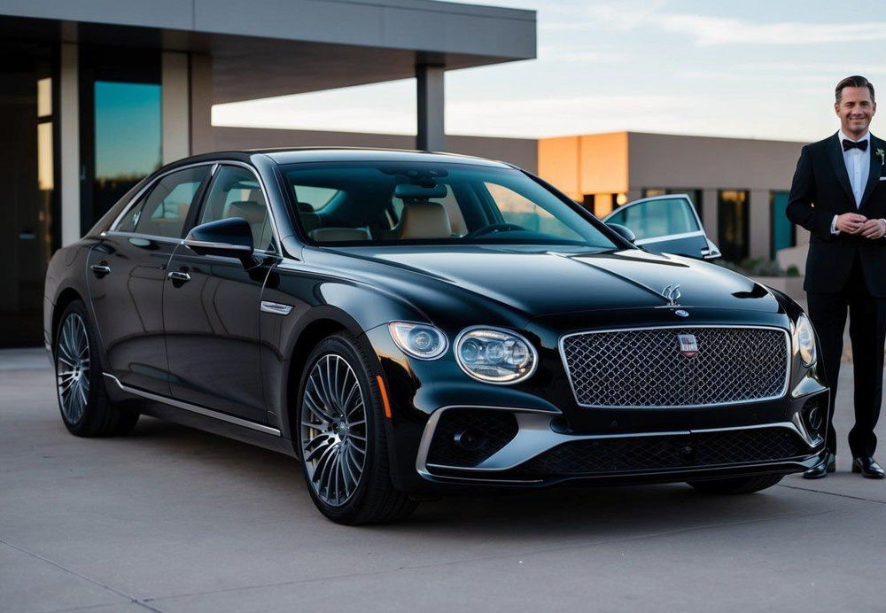 A luxury car parked outside a modern building in Scottsdale, with a chauffeur standing by the open door