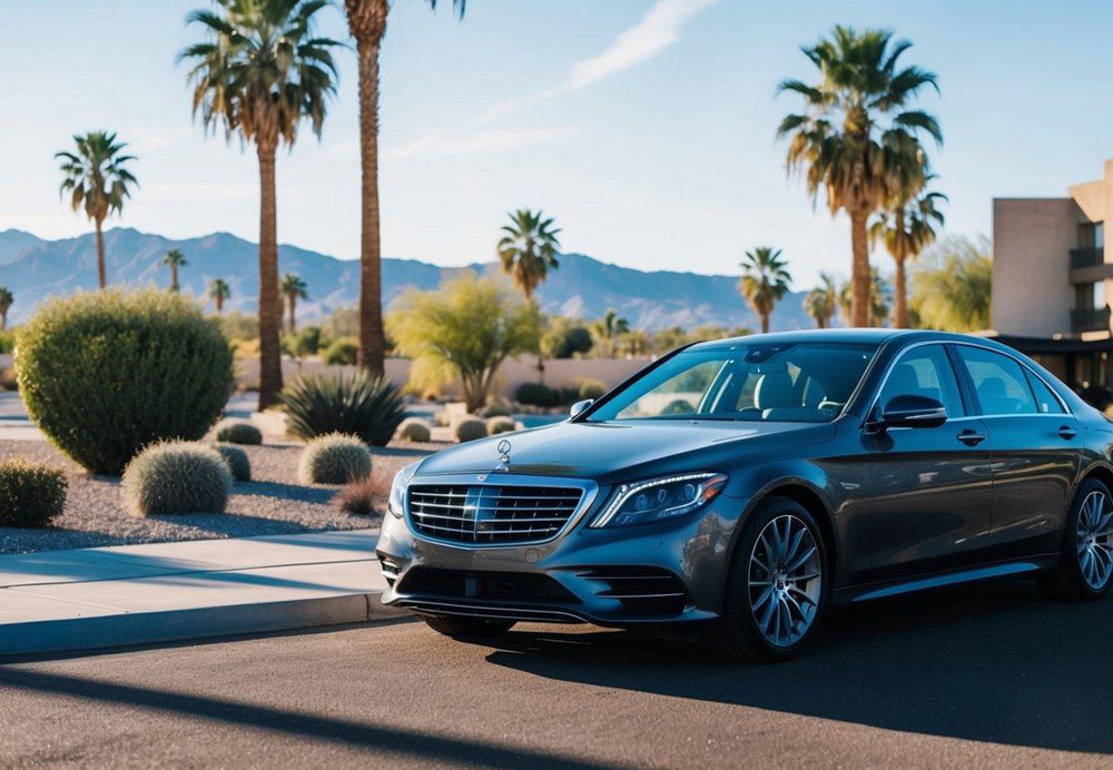 A luxury car waiting outside a hotel, surrounded by palm trees and desert landscape in Scottsdale