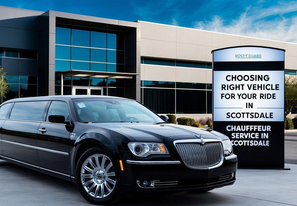 A luxurious black limousine parked in front of a modern office building with a sleek sign reading "Choosing the Right Vehicle for Your Ride chauffeur service in Scottsdale" displayed prominently