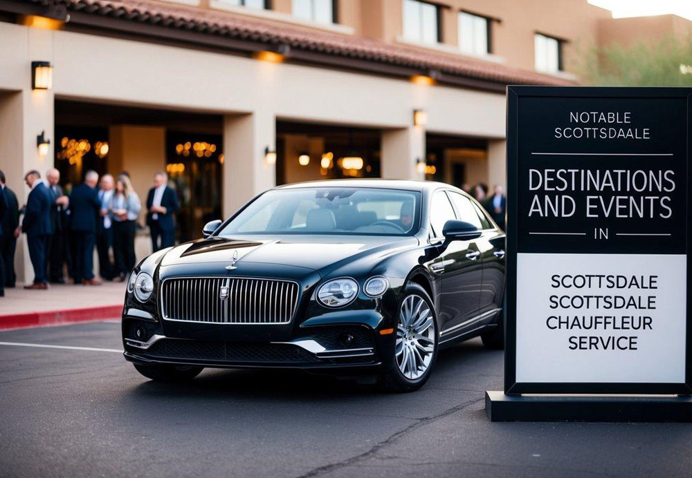 A luxury car parked outside a bustling event venue in Scottsdale, with a prominent sign displaying "Notable Destinations and Events in Scottsdale chauffeur service