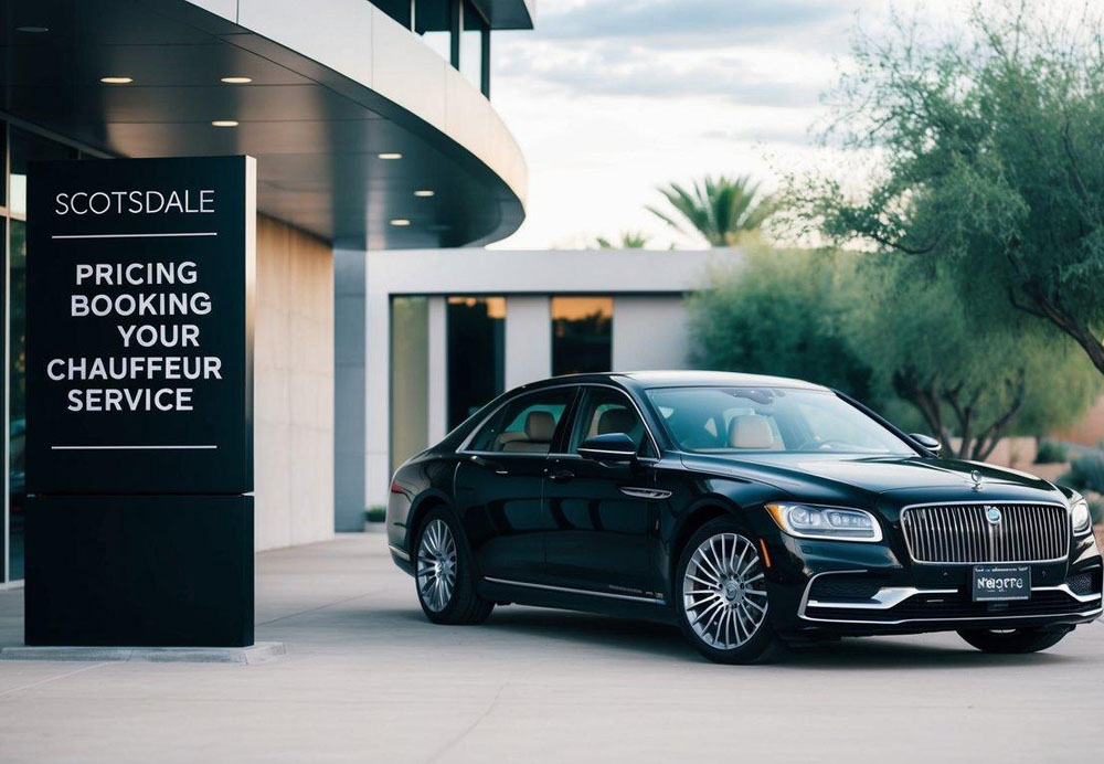 A luxurious black car waits outside a sleek building with a sign reading "Pricing and Booking Your Chauffeur Service" in Scottsdale