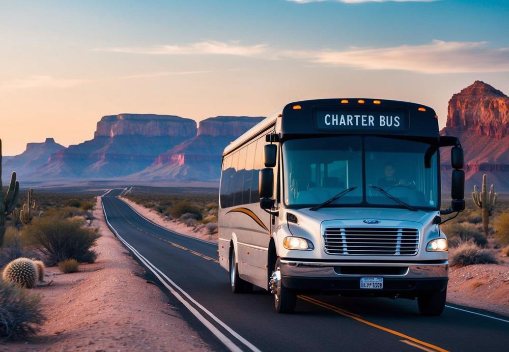 A charter bus drives through the desert, passing cacti and rock formations on the way to the Grand Canyon