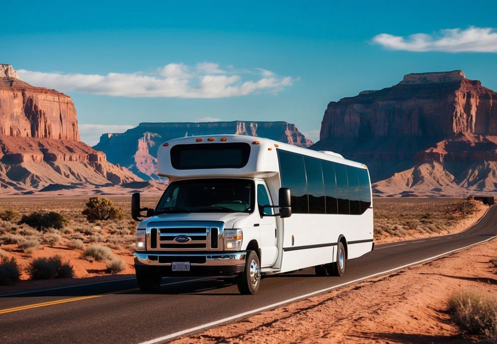 A charter bus driving through the desert towards the Grand Canyon, with towering red rock formations in the distance and a clear blue sky overhead