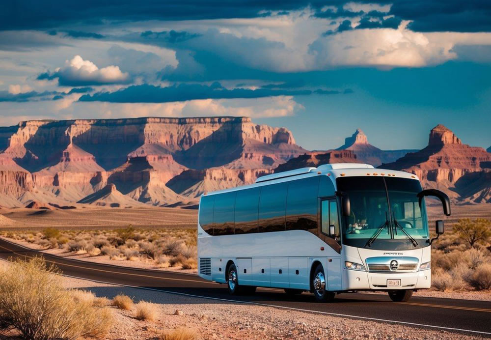 A charter bus traveling through the desert from Scottsdale to the majestic Grand Canyon