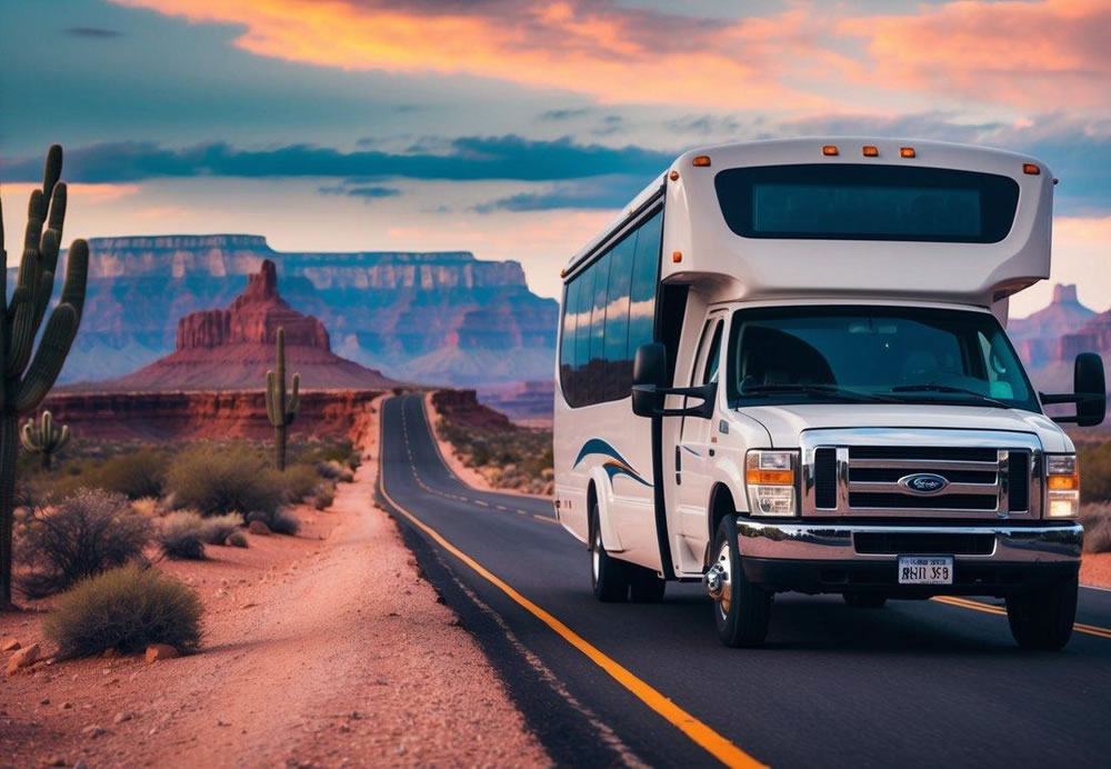 A charter bus driving through the desert towards the Grand Canyon, with cacti and red rock formations in the background