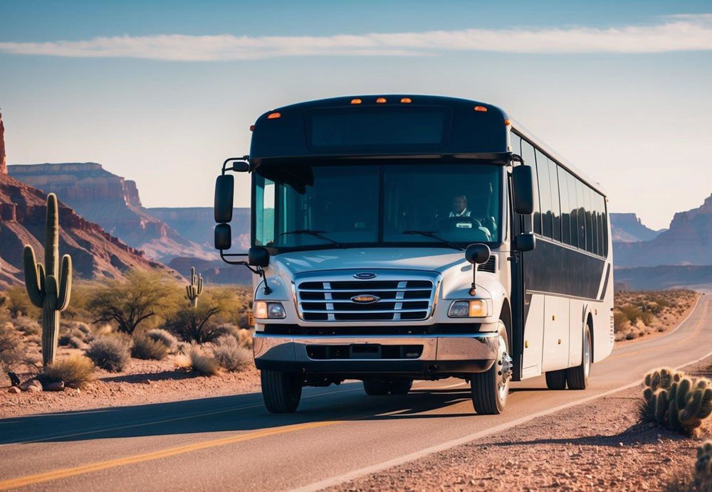 A charter bus travels through the desert, passing cacti and rocky terrain, en route to the majestic Grand Canyon