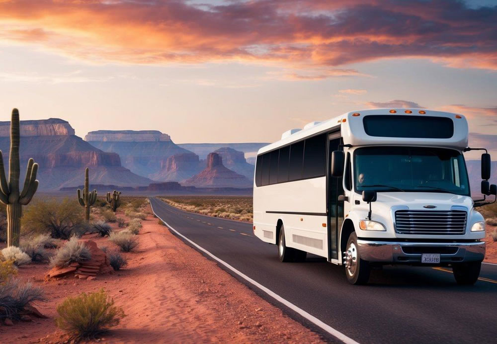 A charter bus drives through the desert, passing cacti and red rock formations, on its way to the vast expanse of the Grand Canyon