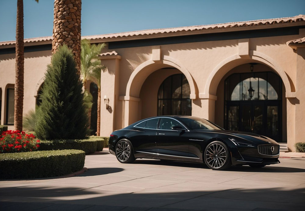 A sleek black luxury car pulls up to a grand hotel entrance in Scottsdale, Arizona. The driver opens the door for a distinguished passenger, who steps out onto the red carpet