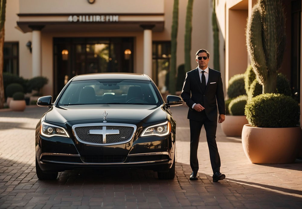 A luxury sedan pulls up to a grand hotel entrance in Scottsdale, Arizona. A uniformed chauffeur opens the door for a guest, while a concierge stands ready to assist inside