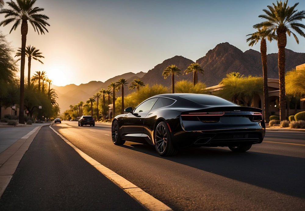 A sleek black luxury vehicle cruises through the picturesque streets of Scottsdale, Arizona, passing by palm trees and elegant architecture. The sun sets behind the mountains, casting a warm glow over the desert landscape