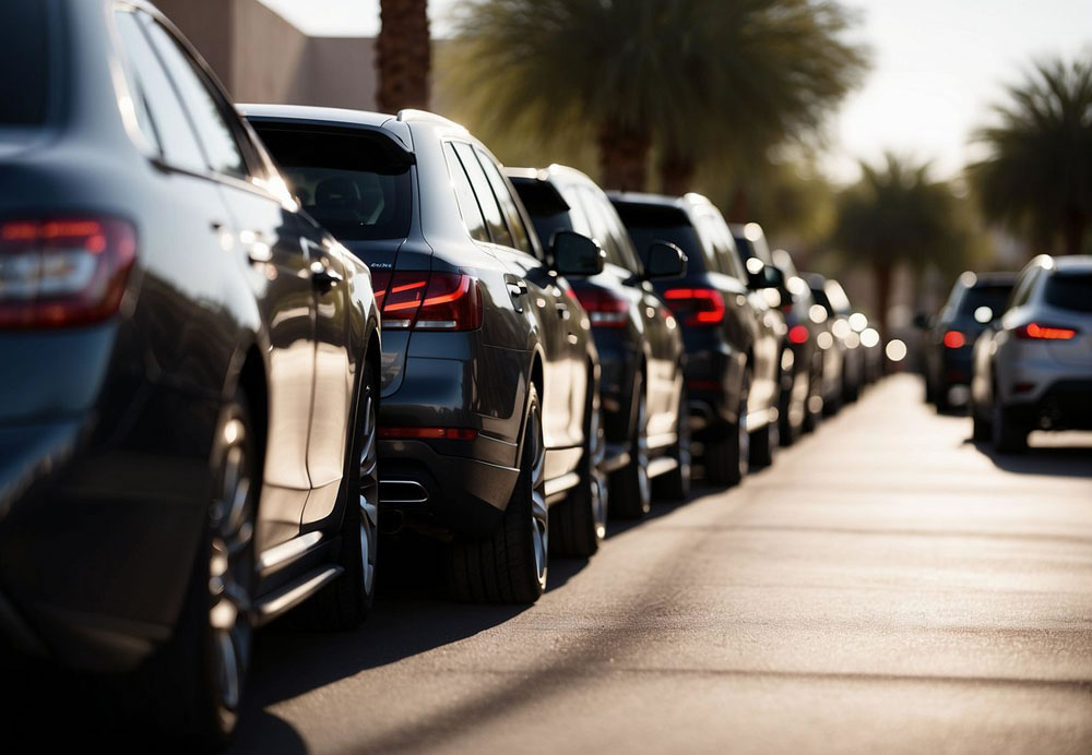 Luxury vehicles lined up outside a corporate office in Scottsdale, Arizona. A chauffeur holds open the door as a passenger steps out